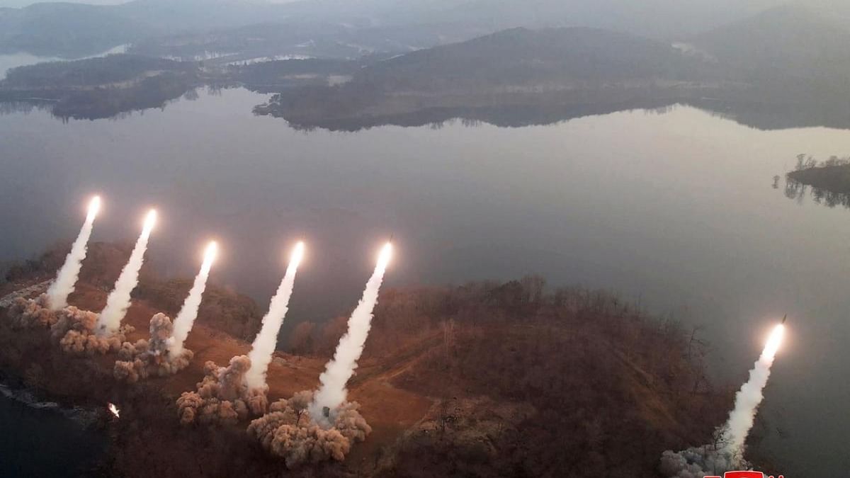 A fire attack by the Hwasong Artillery unit, responsible for important operational missions of the Korean People's Army Western Front, at an undisclosed location. Credit: KCNA via KNS / AFP