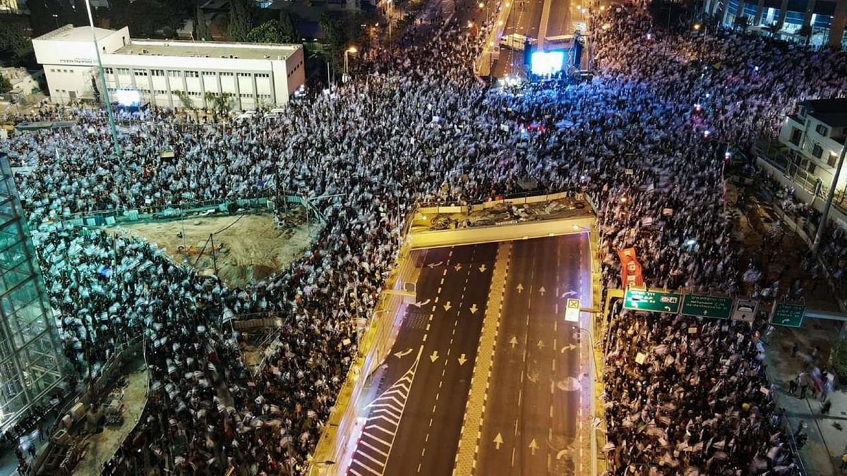 An aerial picture shows a protest against the Israeli government's controversial judicial reform bill in Tel Aviv. Credit: AFP Photo