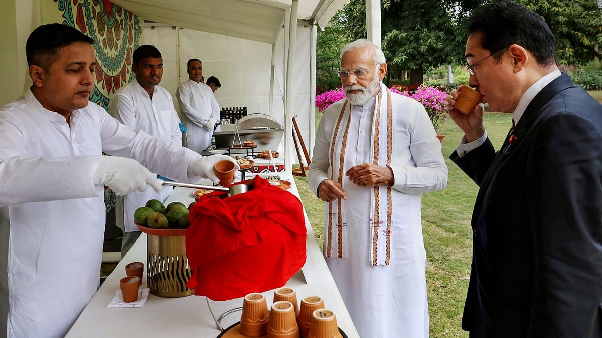 Prime Minister Narendra Modi and his Japanese counterpart Fumio Kishida relished tangy golgappas and fried idlis in the lush environs of the Buddha Jayanti Park in New Delhi on March 21 during their discussion to strengthen cultural ties. Credit: Twitter/@narendramodi