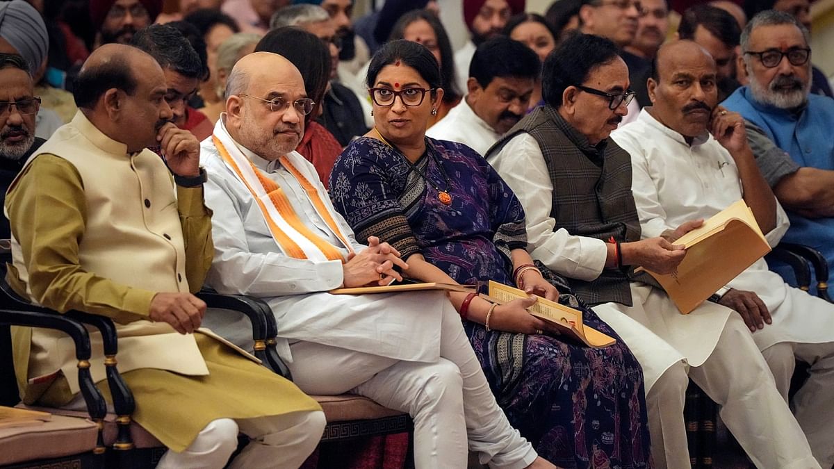 Lok Sabha Speaker Om Birla with Union Home Minister Amit Shah and Union Minister Smriti Irani and other Union Ministers during Padma Awards 2023 ceremony at Rashtrapati Bhawan, in New Delhi, March 22, 2023. Credit: PTI Photo