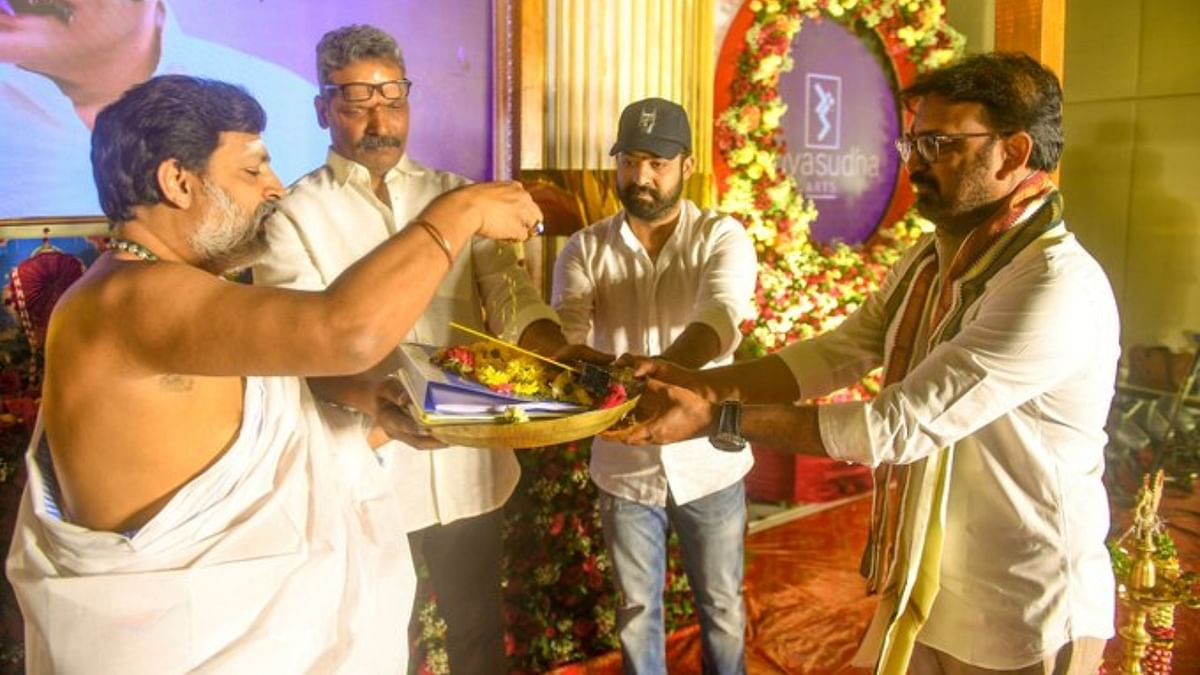 The puja ceremony of NTR30 starring Jr NTR and Janhvi Kapoor in Koratala Siva's directorial took place in Hyderabad on March 23. Credit: Twitter/@NTRArtsOfficial