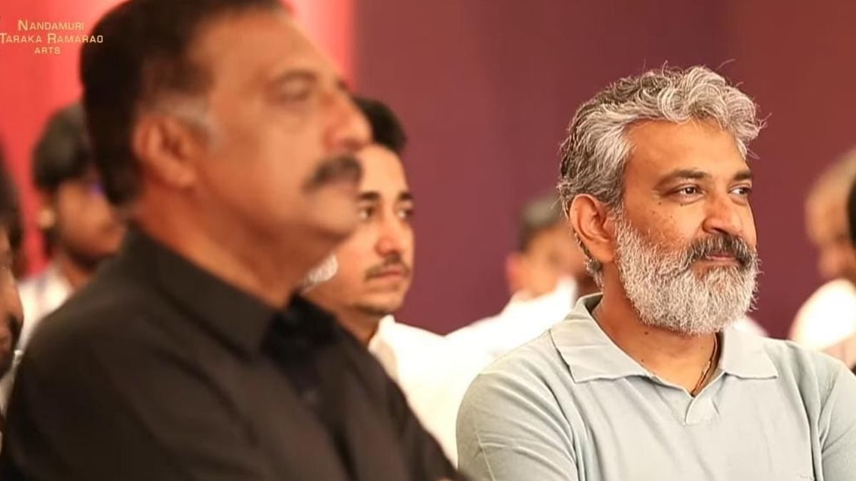 SS Rajamouli clicked during the puja ceremony for 'NTR 30' in Hyderabad. Credit: Twitter/@NTRArtsOfficial
