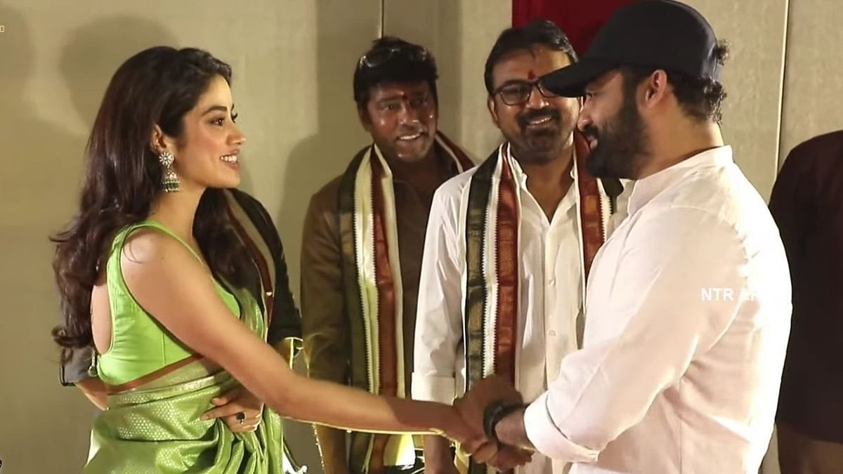 Jr NTR and Janhvi Kapoor, who play the lead roles in the film, were all smiles at the launch. Credit: NTR Arts