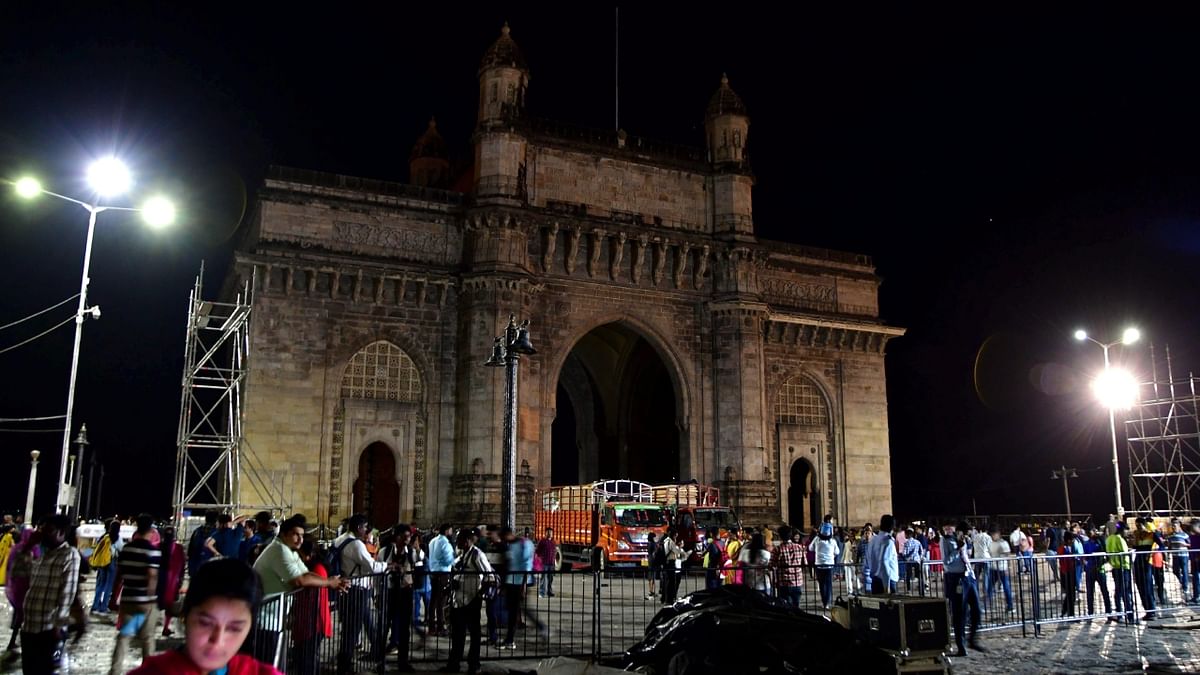 A view of the Gateway of India after its lights were turned off for the Earth Hour, in Mumbai. Credit: PTI Photo