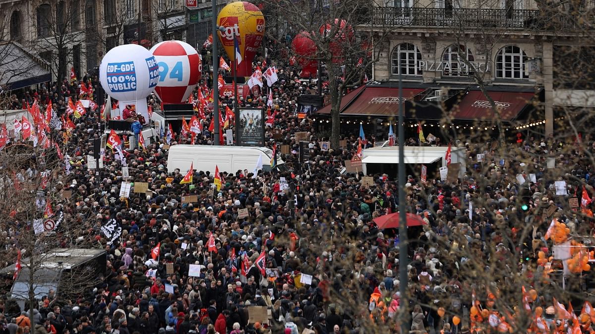 Protesters took to the streets in France on March 28 in a new show of anger against President Emmanuel Macron's pension reform, with a record number of police deployed after previous demonstrations descended into violence. Credit: Reuters Photo