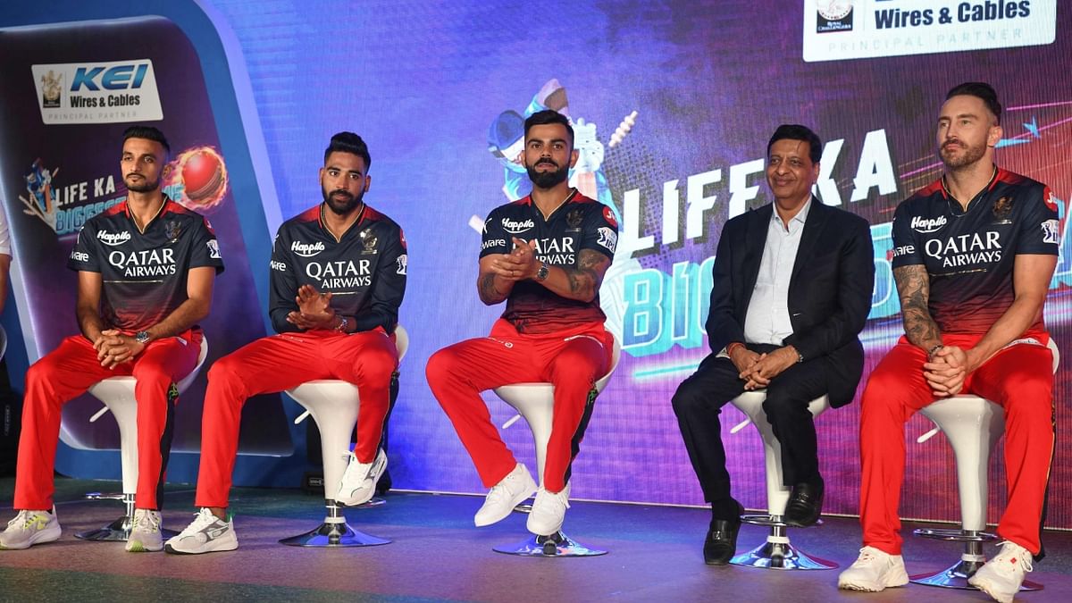 The RCB unveiled their new jersey and kit for IPL 2023 at the a launch event in Bengaluru on March 29. Credit: AFP Photo
