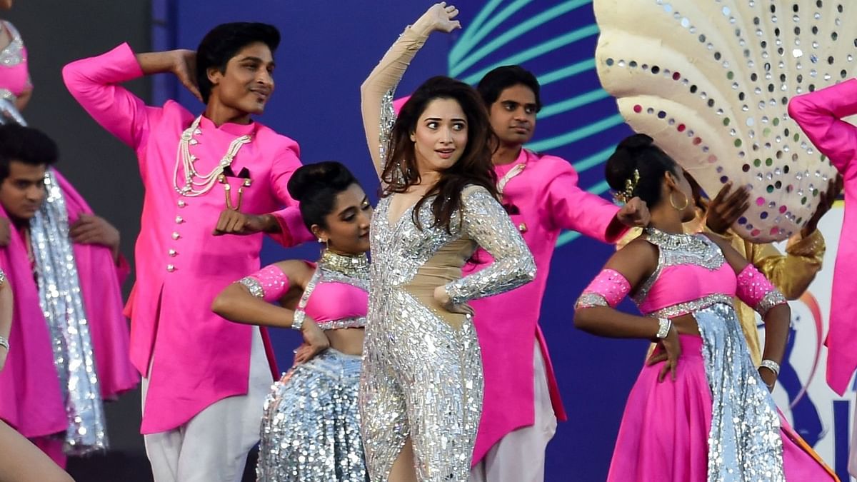 Tamannaah Bhatia in her elements during the opening ceremony of the IPL 2023 at the Narendra Modi Stadium in Ahmedabad. Credit: AFP Photo
