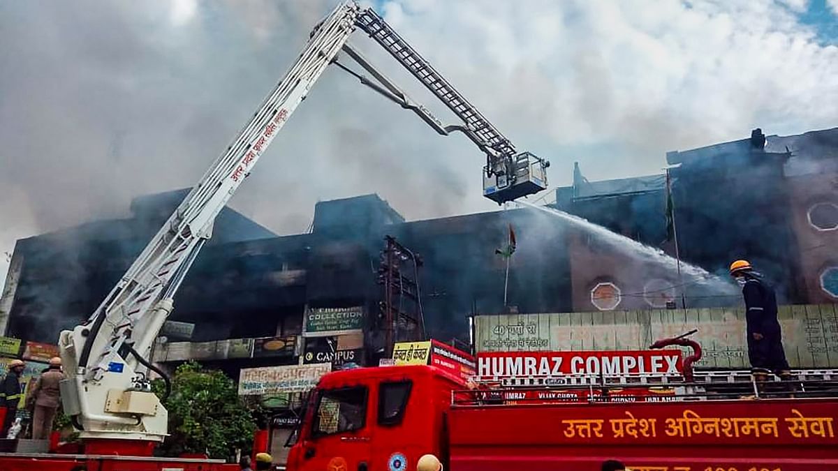 As many as two dozen fire tenders were rushed to the spot to douse the fire and the operation lasted more than six hours. Credit: PTI Photo