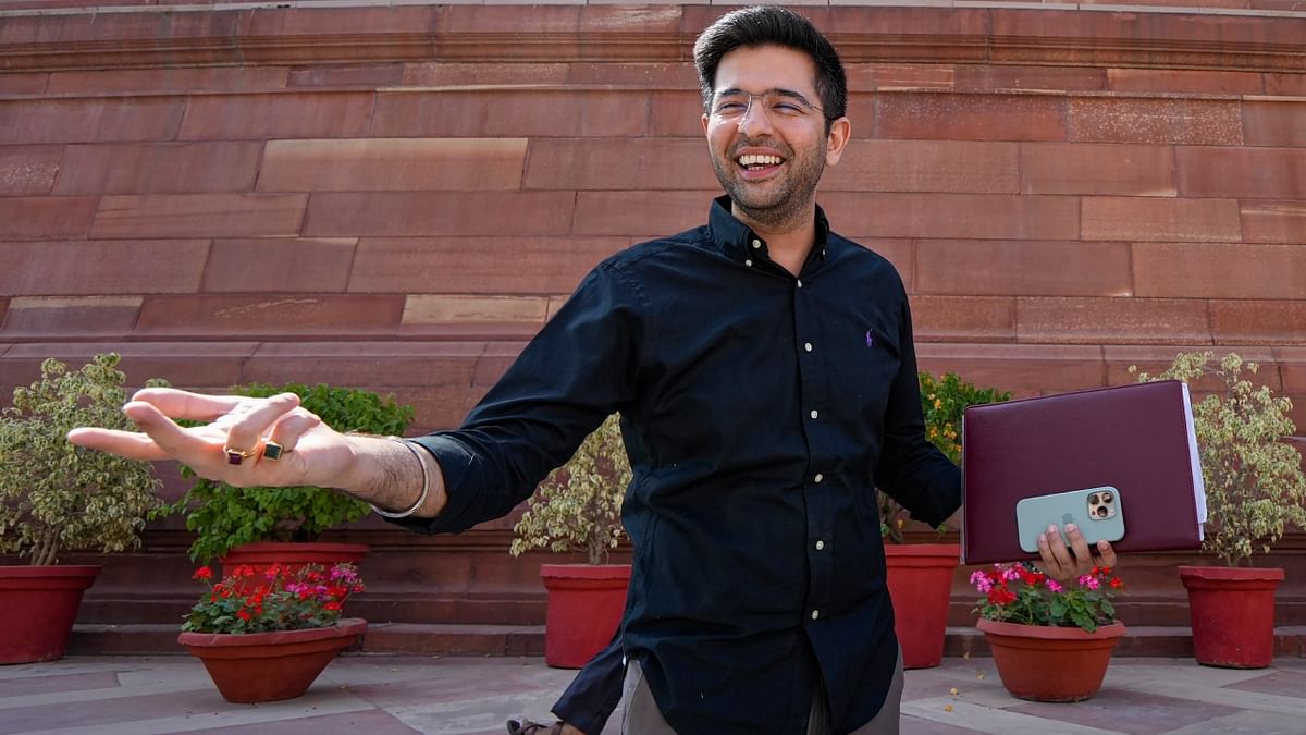 On 21 March 2022, Raghav Chadha, along with four others, was nominated by AAP for the post of Rajya Sabha member from Punjab for a six-year term starting 2022. This made him the youngest MP at age 33. Credit: PTI Photo