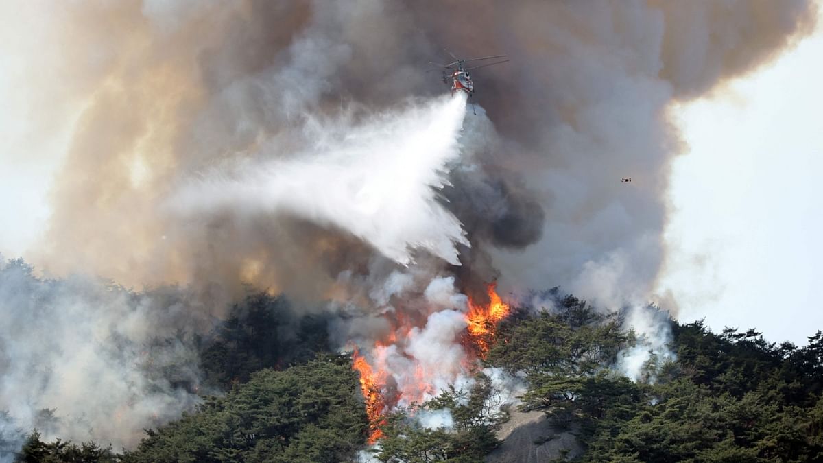 Within three hours about 80% of the blaze had been extinguished, according to an official at Jongno Fire Station, but preventing its further spread remained crucial in an area that is home to thousands of people, some in high-rise apartments only a short distance from the mountain’s trails. Credit: AFP Photo
