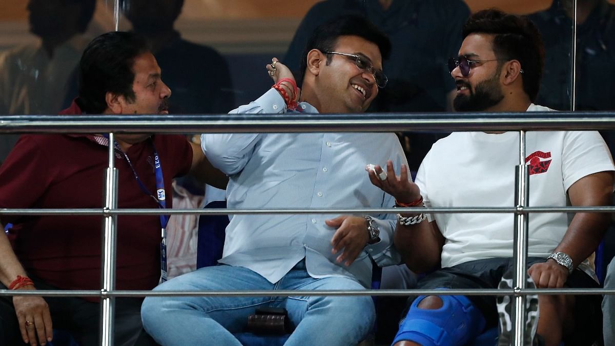 Cricketer Rishabh Pant with BCCI Secretary Jay Shah and BCCI Vice President Rajeev Shukla during the IPL 2023 cricket match between Delhi Capitals and Gujarat Titans, at the Arun Jaitley Stadium in New Delhi. Credit: PTI Photo