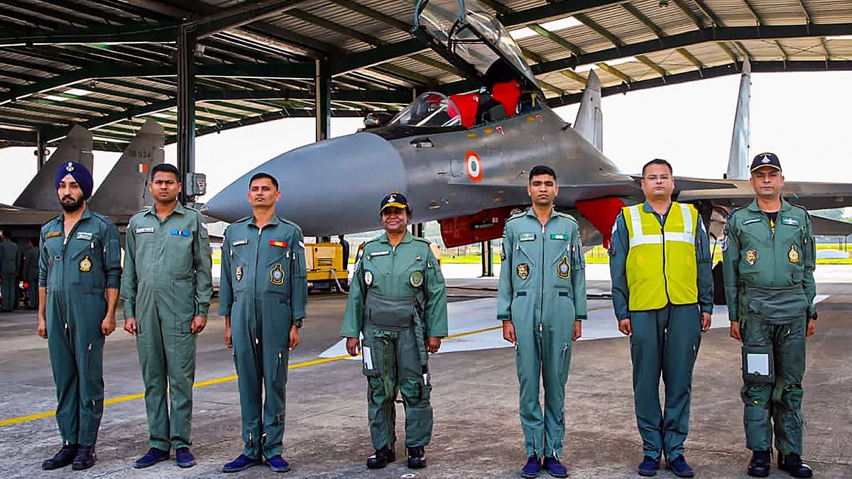President Droupadi Murmu, supreme commander of the Indian Armed forces, before taking a sortie on IAF’s fighter aircraft Sukhoi 30, at Tezpur Air Force Station in Sonitpur, Assam. Credit: Twitter/@rashtrapatibhvn