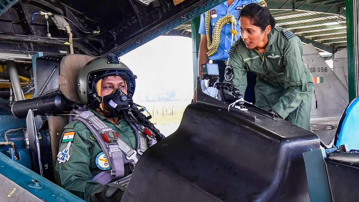 After the President sat in the cockpit, a female officer helped her put on a helmet and complete other technicalities. She waved from the cockpit just seconds before the aircraft canopy was shut. Credit: Twitter/@rashtrapatibhvn