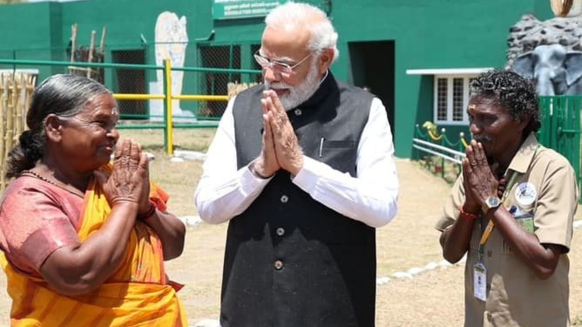 During his visit, PM Modi interacted with Bellie and Bomman, the elephant caretakers who were featured in the Oscar-winning documentary, 'The Elephant Whisperers'. Credit: Twitter/@BJP4India