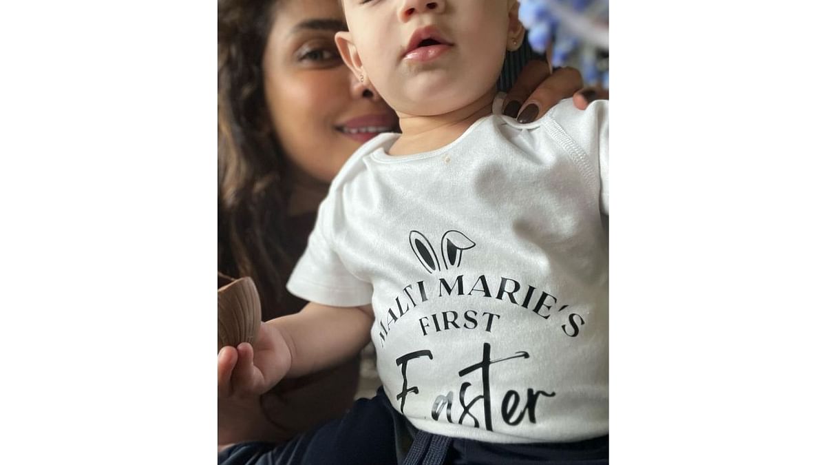 Priyanka's daughter Malti is seen wearing a t-shirt with the words 'Malti Marie's first Easter' written on it. Credit: Instagram/@priyankachopra
