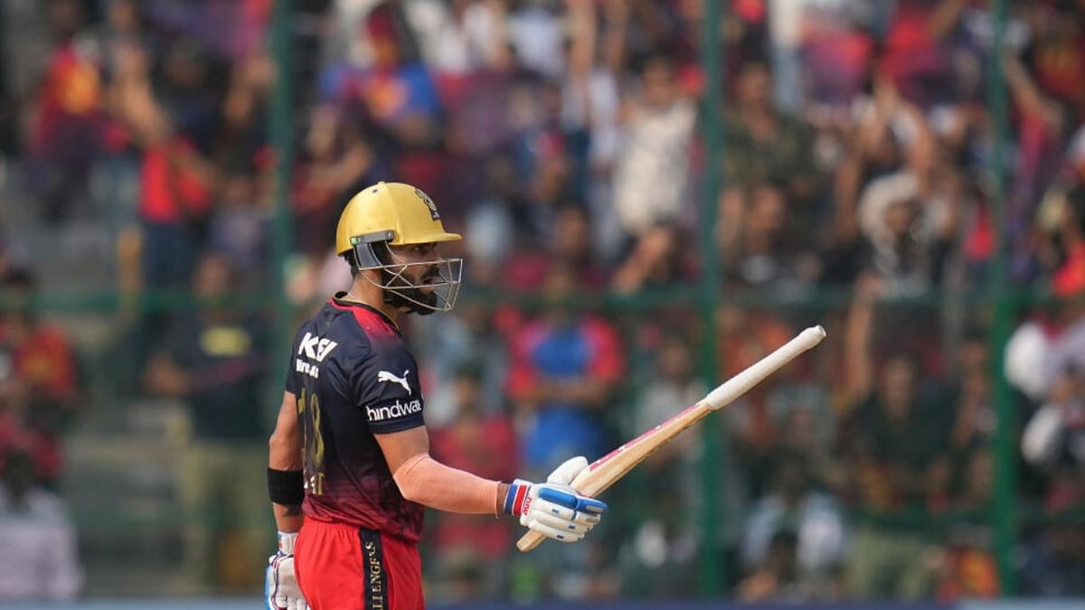 Bengaluru: Royal Challengers Bangalore batter Virat Kohli celebrates his fifty runs during the IPL 2023 match between Royal Challengers Bangalore and Delhi Capitals at M Chinnaswamy Stadium, in Bengaluru, Saturday, April 15, 2023. Credit: AFP Photo