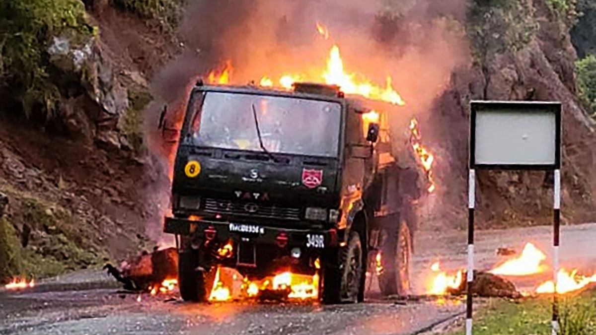 5 Army personnel were killed and another was seriously injured after their vehicle caught fire following a terrorist attack in Jammu and Kashmir's Poonch on April 20. The five personnel of the Rashtriya Rifles Unit were deployed for counterterrorist operations in this area. Credit: PTI Photo
