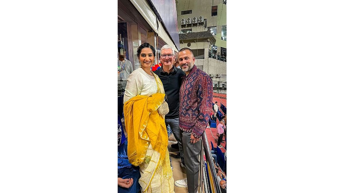Pictures of Tim Cook enjoying the match from the stands cheering for the teams went viral on social media. Credit: Twitter/@sonamakapoor