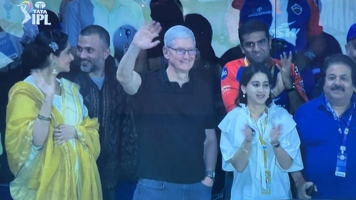 Hours after launching India's second Apple store in Delhi's Saket on Thursday, the company's CEO Tim Cook was spotted as one of the high-profile spectators at the famous Arun Jaitely Stadium during Delhi Capitals (DC) and Kolkata Knight Riders (KKR) IPL match on April 20. Credit: Instagram/@sonamkapoor