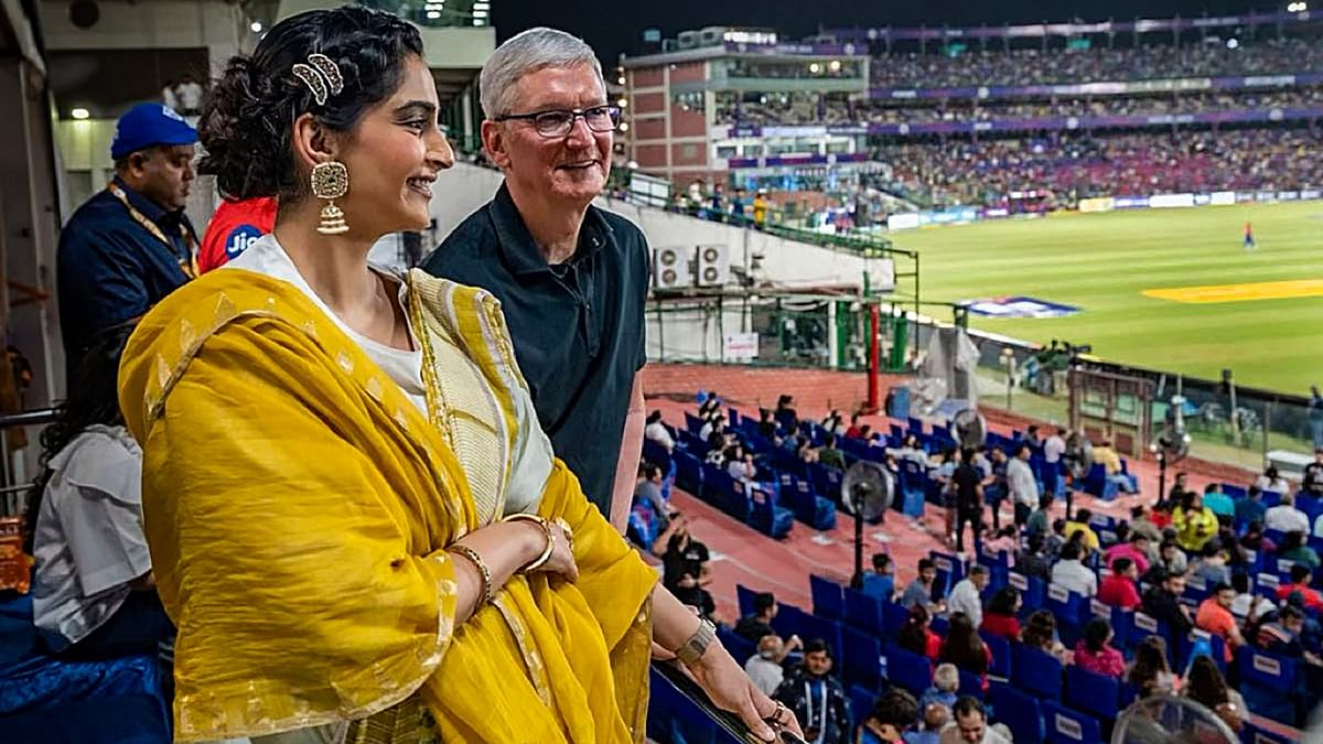 Apple CEO Tim Cook spent his evening in Delhi watching an IPL cricket match with Bollywood actress Sonam Kapoor Ahuja, BCCI vice-president Rajeev Shukla and others. Credit: Instagram/@sonamkapoor
