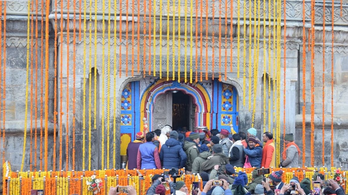 The portals of Kedarnath opened after a winter break today, with thousands of pilgrims gathering at the shrine. Credit: PTI Photo