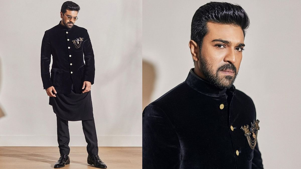 Ram Charan: The actor turned heads at the 95th Academy Awards in Los Angeles In a customised bandhgala by Shantanu & Nikhil, complete his look with customised Chakra button, medallion-inspired brooches. He layered it over the classic Shantanu & Nikhil drape kurta. Credit: Instagram/@alwaysramcharan