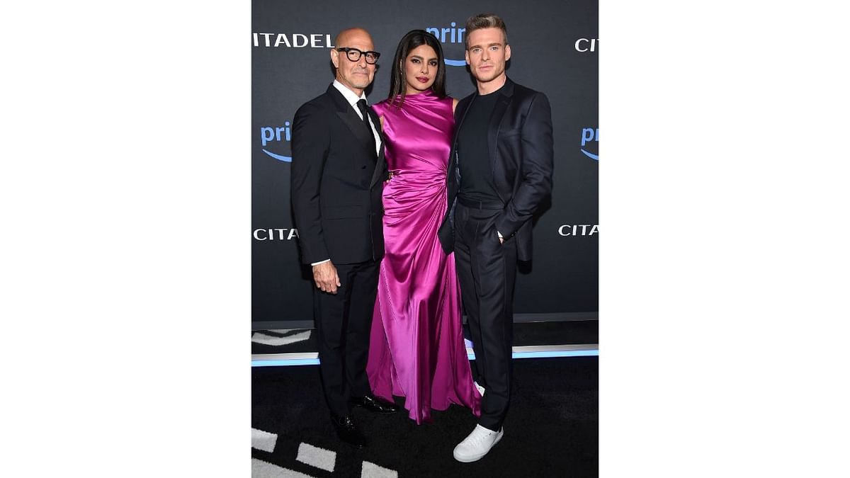 Priyanka Chopra with Stanley Tucci and Richard Madden during the Los Angeles premiere of 'Citadel'. Credit: AFP Photo