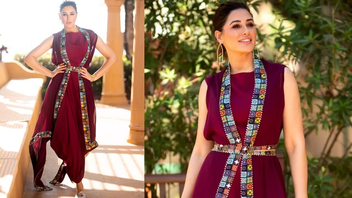 Nargis proves that ethnic wear can look sharp in this cowl kurta and cape from Zellij by Esha Amiin Label. Credit: Instagram/@eshaamiinlabel1
