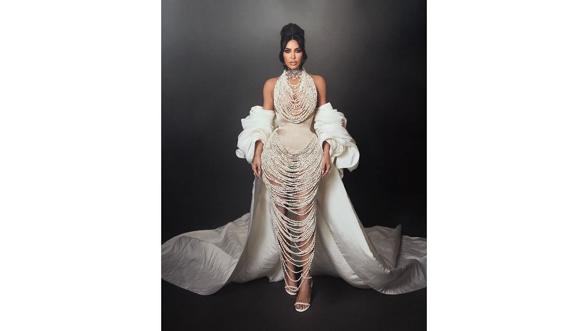 Kim Kardashian went with loops and loops of pearls all over her Schiaparelli look. Credit: Instagram/@kimkardashian