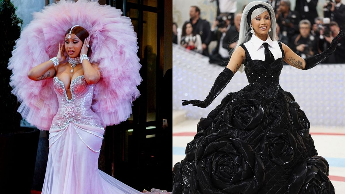 Cardi B first donned pink then switched to a full-black ballgown with camellias. Credit: Reuters Photo