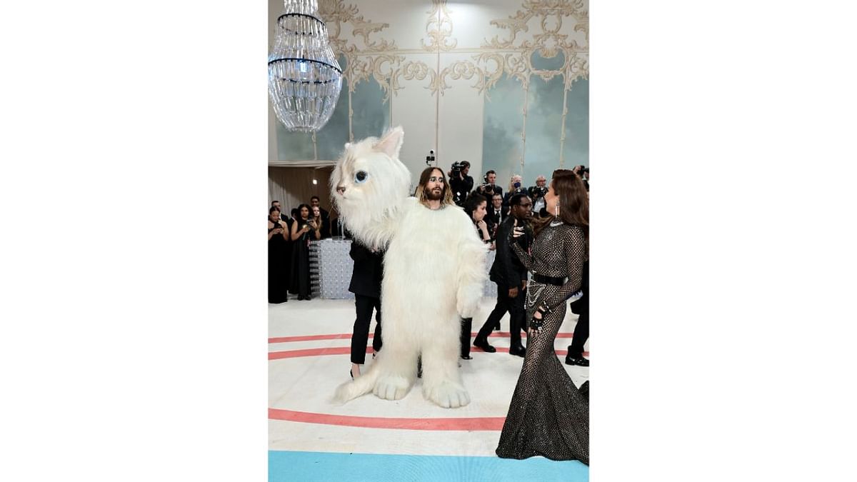 Jared Leto dressed as Choupette, Lagerfeld's beloved fluffy cat. Credit: AFP Photo