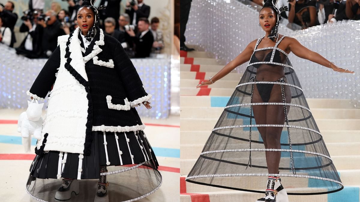 Janelle Monae's look, with a black sparkly leotard underneath, was made by Thom Browne. Credit: Reuters Photo