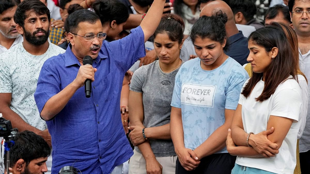 Delhi Chief Minister Arvind Kejriwal on Saturday met the wrestlers protesting at the Jantar Mantar demanding the arrest of Wrestling Federation of India (WFI) chief Brij Bhushan Sharan Singh, and urged people to come forward and support the athletes. Credit: PTI Photo
