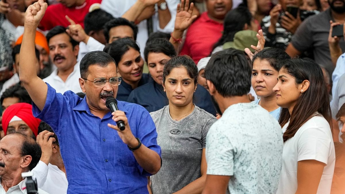 Later, in a Delhi government statement, Kejriwal requested the Centre not to cut off food, water and electricity supply to the protesting athletes. He also saluted the athletes for their struggle and assured them of all possible help. Credit: PTI Photo