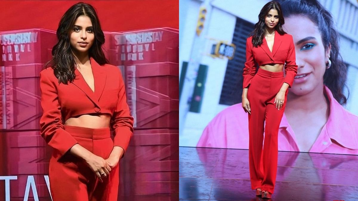 Suhana Khan: Always veering towards statement pieces, Suhana Khan opted for a custom scarlet look styled by Mohit Rai for a leading cosmetic brand's event. Credit: Instagram/@mohitrai