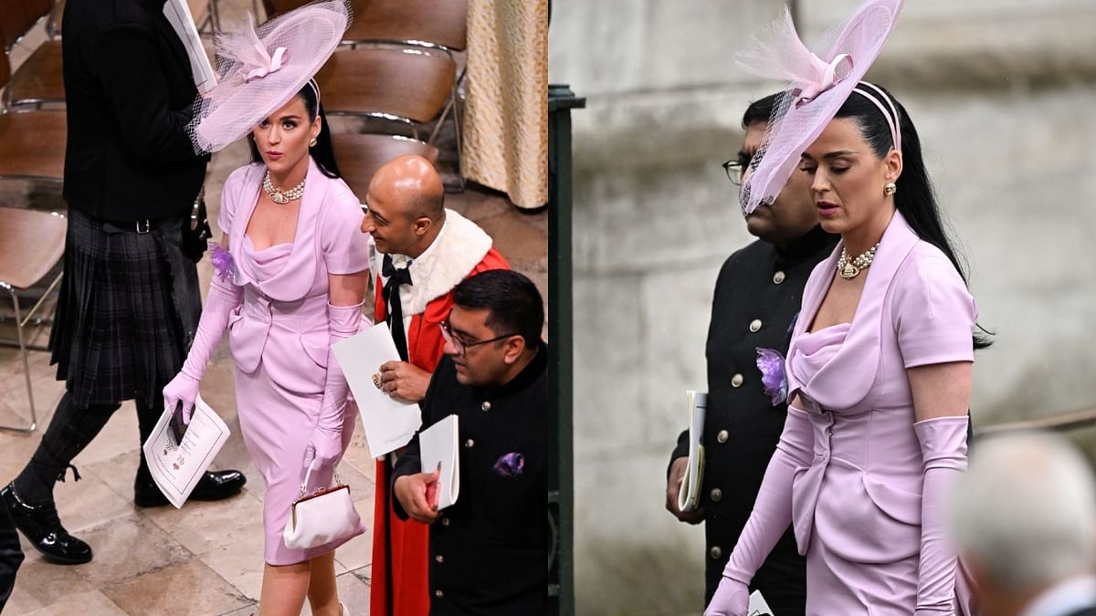 Katy Perry: The sensational singer wore a pink skirt suit and a pearl choker by the late British designer Vivienne Westwood. Credit: Reuters Photo