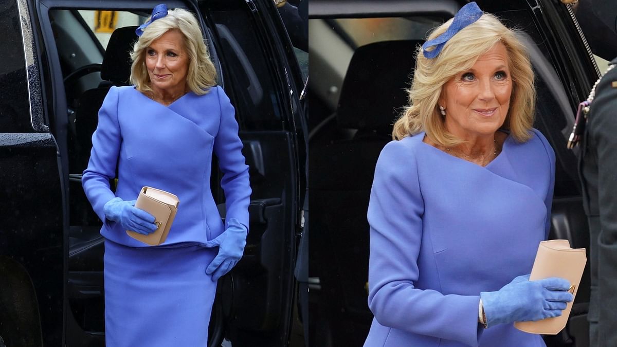 Jill Biden: In what could be interpreted as a sartorial nod to demonstrate support for Ukraine, US First Lady Jill Biden wore a periwinkle blue Ralph Lauren skirt suit with a matching hair bow. Credit: Reuters Photo