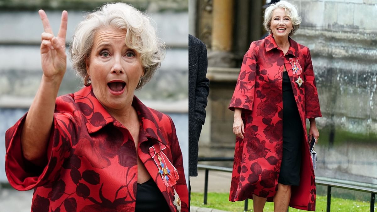 Emma Thompson: Hollywood star Emma Thompson was seen wearing a red overcoat from Emilia Wickstead with a monochromatic red rose print and her Dame Commander of the Most Excellent Order of the British Empire (MBE) medal as an accessory at the King Charles III's coronation. Credit: Reuters Photo