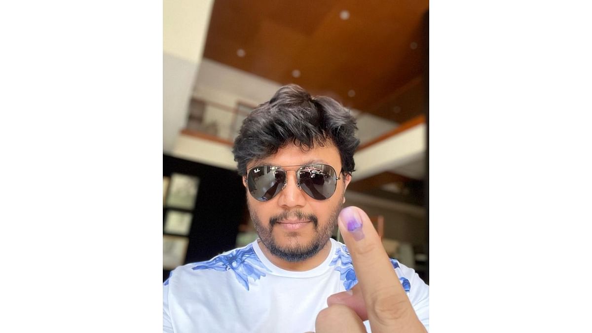 Actor 'Golden Star' Ganesh also shared a selfie along with his ink-marked finger after casting his vote. Credit: Instagram/@goldenstar_ganesh