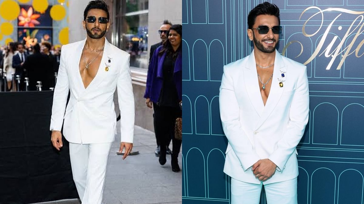 Ranveer Singh can carry off anything but for the reopening of a leading jewellery brand's iconic New York store, he opted for a white custom Gaurav Gupta suit so that the high-value jewels -- from necklaces to lapel pins -- could be the talking point. Credit: Instagram/@ekalakhani