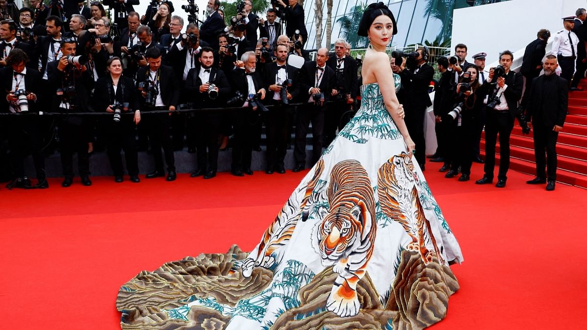 Chinese actress Fan Bingbing attended the premiere of 'Jeanne du Barry' in a Christopher Bu tiger print gown. Credit: Reuters Photo