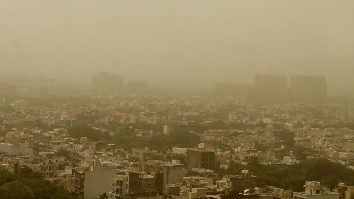 An aerial view of dusty weather as the air quality deteriorates, in Gurugram, Tuesday, May 16, 2023. Credit: PTI Photo