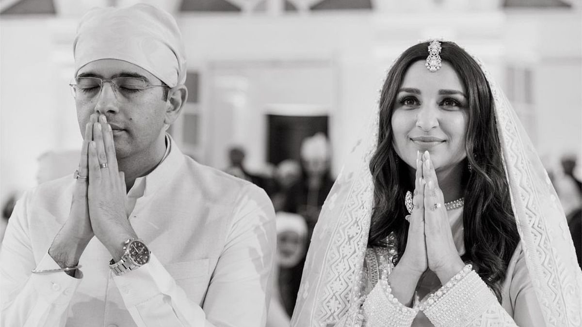 AAP MP Raghav Chadha and his fiancée and Bollywood actor Parineeti Chopra took to their Twitter/Instagram accounts to share new set of pictures from their engagement ceremony held in the capital on May 13. Credit: Instagram/@raghavchadha88