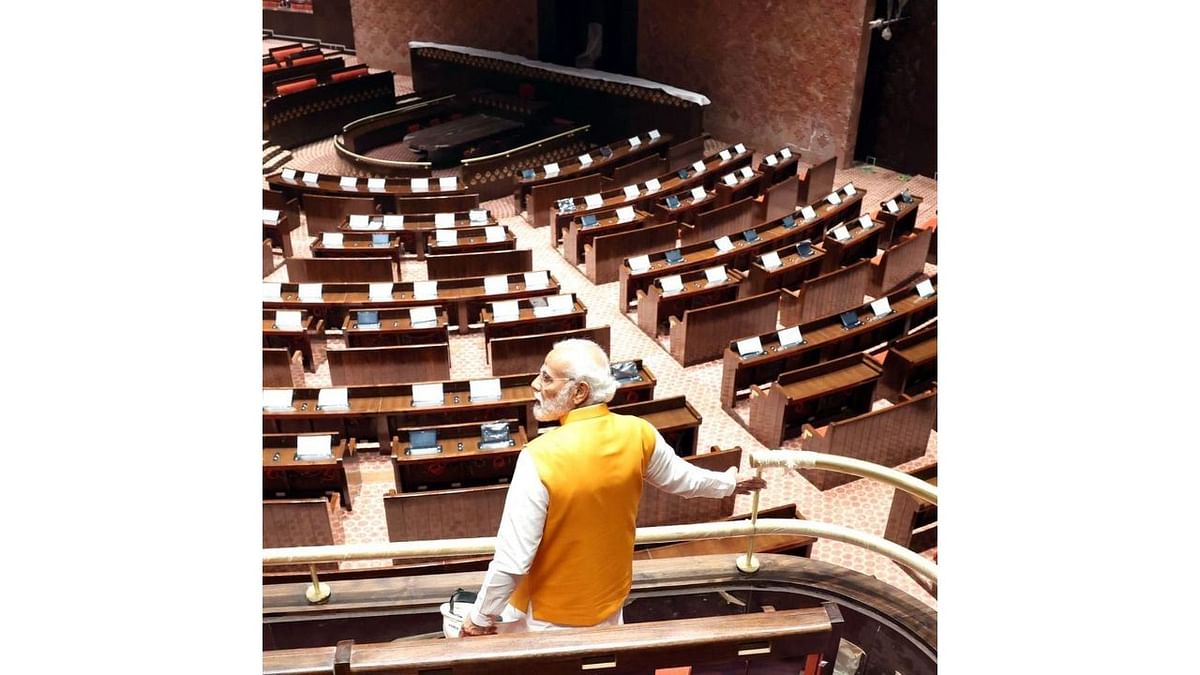The new Parliament building can comfortably seat 888 members in the Lok Sabha chamber and 300 in the Rajya Sabha chamber. Credit: Twitter/@airnewsalerts