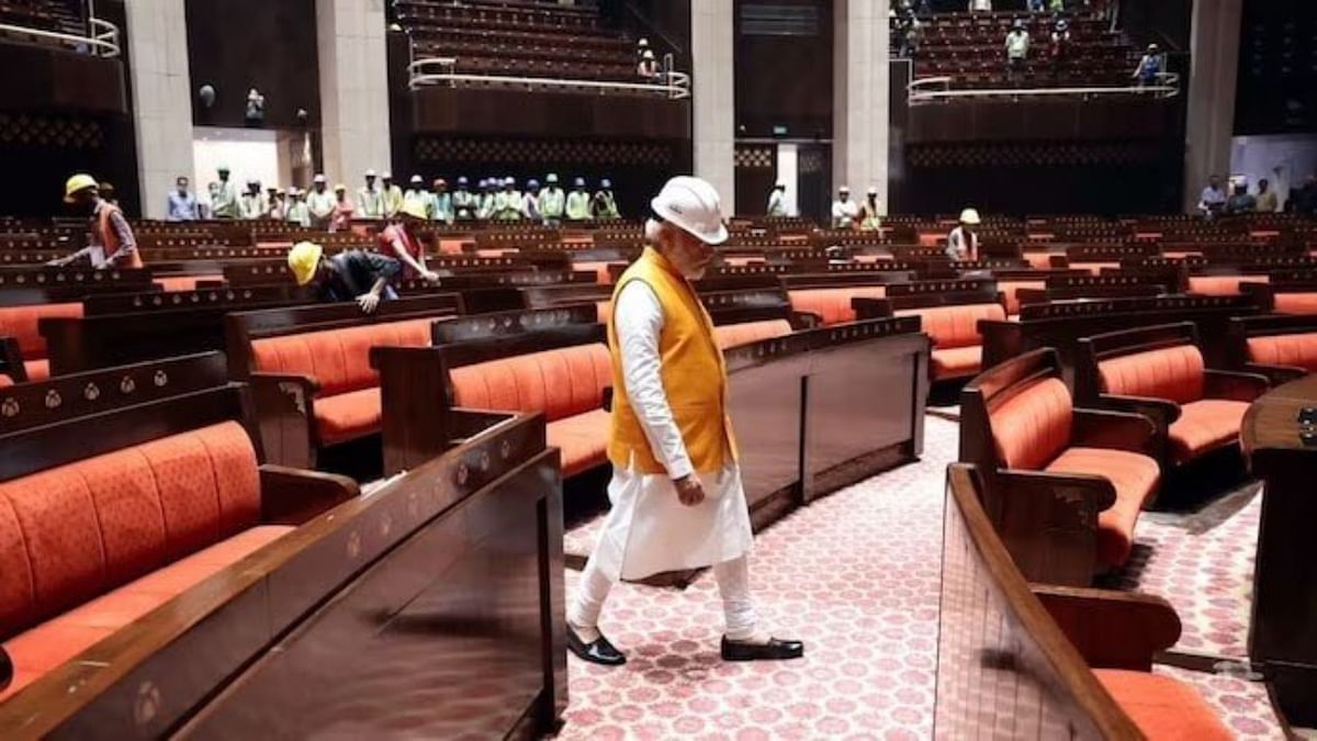 If a joint sitting of both Houses is to be held, a total of 1,280 members can be accommodated in the Lok Sabha chamber. Credit: Twitter/@Jairam_Ramesh