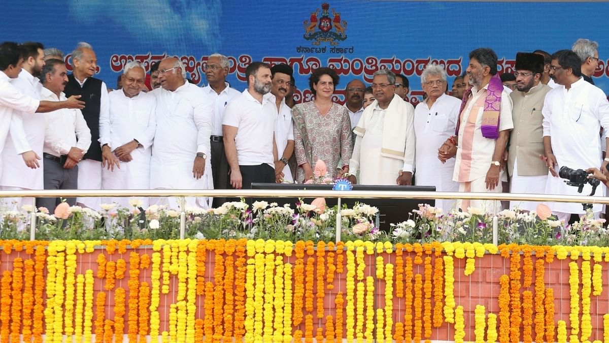 Congress chief Kharge had invited leaders of several like-minded parties for the swearing-in ceremony. Credit: IANS Photo
