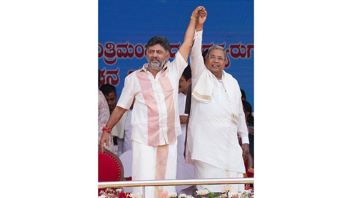 The 75-year old Siddaramaiah will become the Chief Minister for the second term after his earlier five-year stint from 2013; while 61-year old Shivakumar, who had earlier worked as Minister under Siddaramaiah, will also continue as the party's Karnataka state president till Parliamentary elections next year. Credit: PTI Photo
