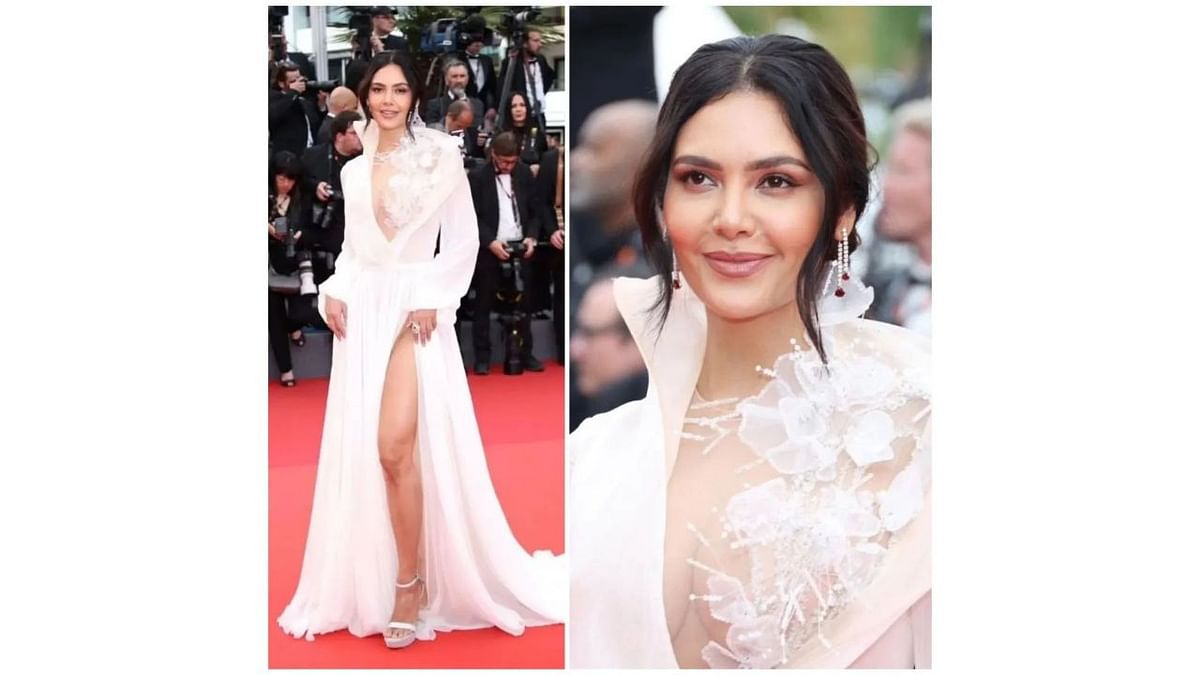 Bollywood actress Esha Gupta made a solid entry on the red carpet of the 76th Cannes Film Festival in a Nicolas Jebran SS23 couture gown. Credit: Special Arrangement