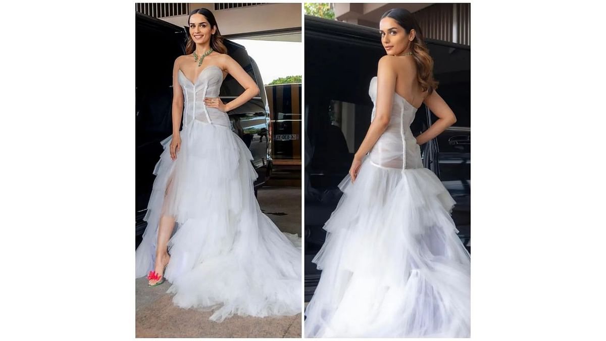 Former Miss World Manushi Chhillar wowed everyone in a white corset meets tiered tutu wedding gown from Fovari for the opening night of the 76th Cannes Film Festival. Credit: Special Arrangement