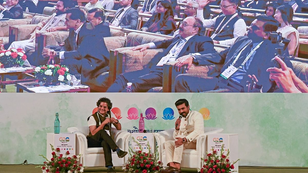 Ram Charan speaking at the 'Film Tourism for Economic and Cultural Preservation' event at Sheri Kashmir International Convention Centre (SKICC), being hosted as a part of the three-day Tourism Working Group Meeting of the G20 countries. Credit: AFP Photo